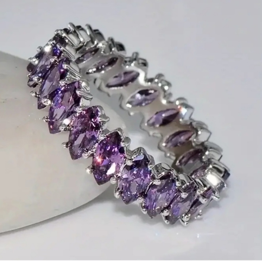 Purple Rhinestone Ring Silver-Tone Size 7